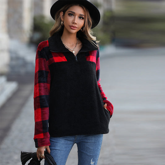 Half-zipper long-sleeved stand collar spliced double flannel plaid pullover hoodie woman