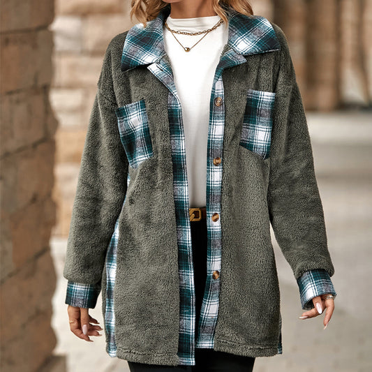 Single breasted lapel mid-length plaid fleece coat woman