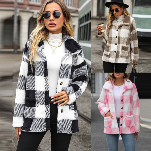 Long-sleeved mid-length plaid single-breasted double-sided fleece casual coat for women