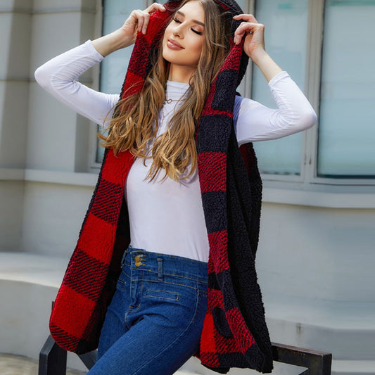 Loose fashion hooded unbuttoned cardigan plaid plush vest coat woman