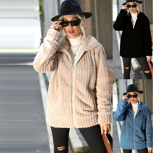 Lapel pit zipper long sleeve solid color medium length double-sided plush coat woman