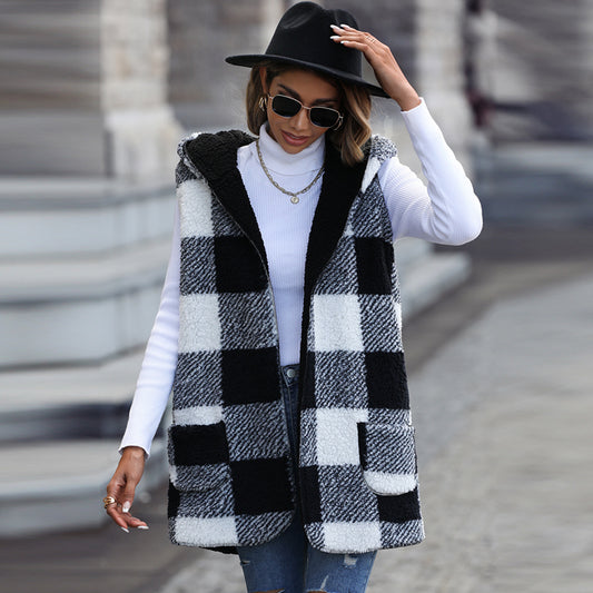 Mid-length hooded sleeveless plaid double-sided fleece coat for women