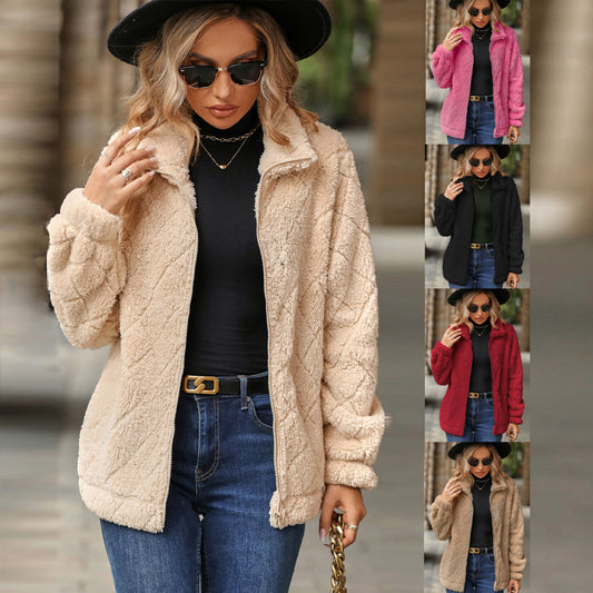 Autumn and winter new long sleeve cardigan zipper diamond plush coat woman