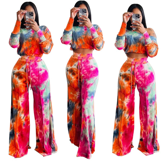 Printed off-the-shoulder bell bottoms sexy two-piece outfit