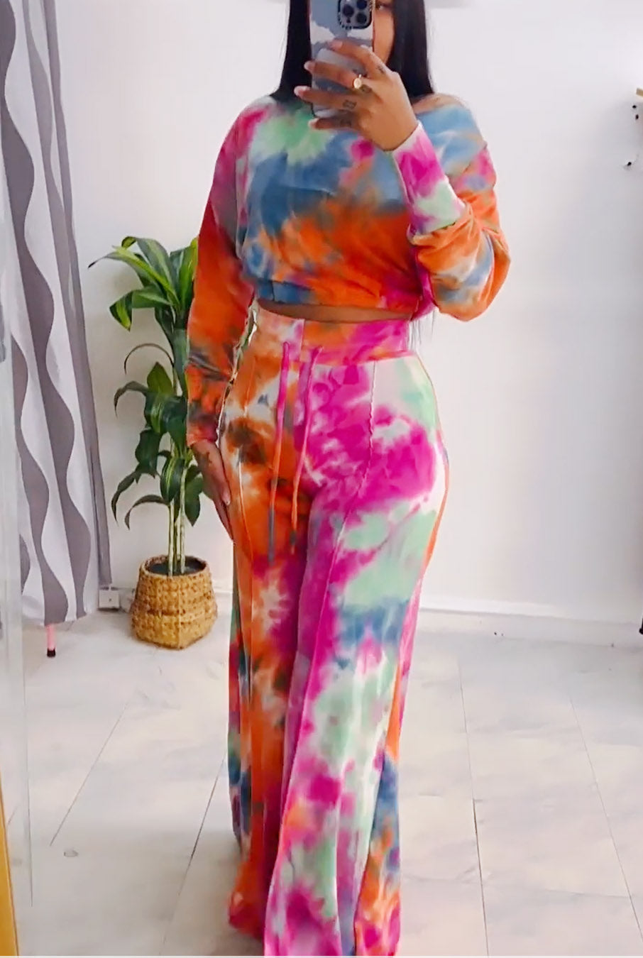 Printed off-the-shoulder bell bottoms sexy two-piece outfit