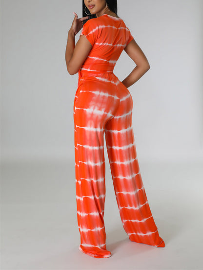 Fashion casual printed suit wide leg trousers two-piece set