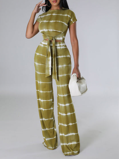 Fashion casual printed suit wide leg trousers two-piece set