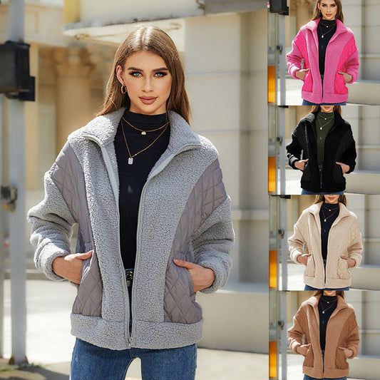 Autumn and winter new fashion long-sleeved cardigan zipper plush patchwork women's coat