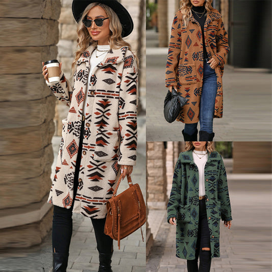 Printed plush long coat coat lady