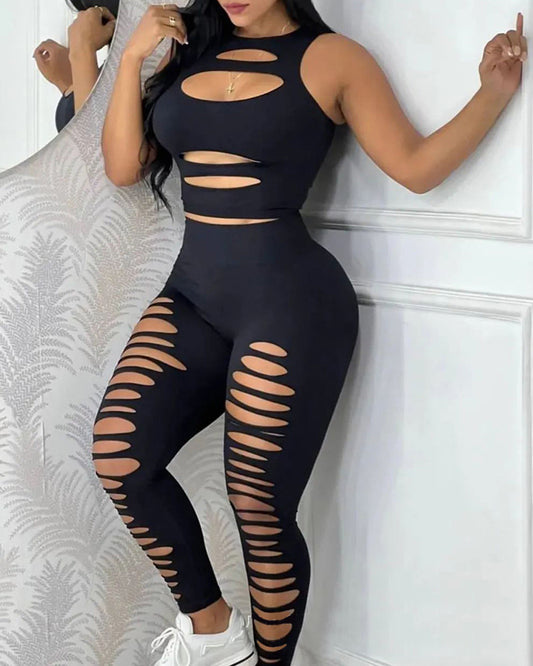 New black sexy cutout vest set tights women